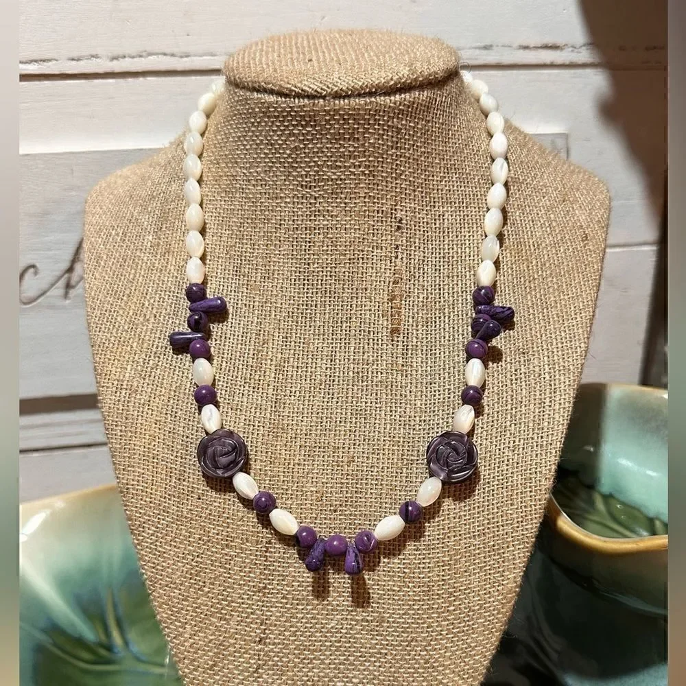 Vintage Handcrafted Moonstone & Amethyst Necklace 16” - Picture 2 of 6